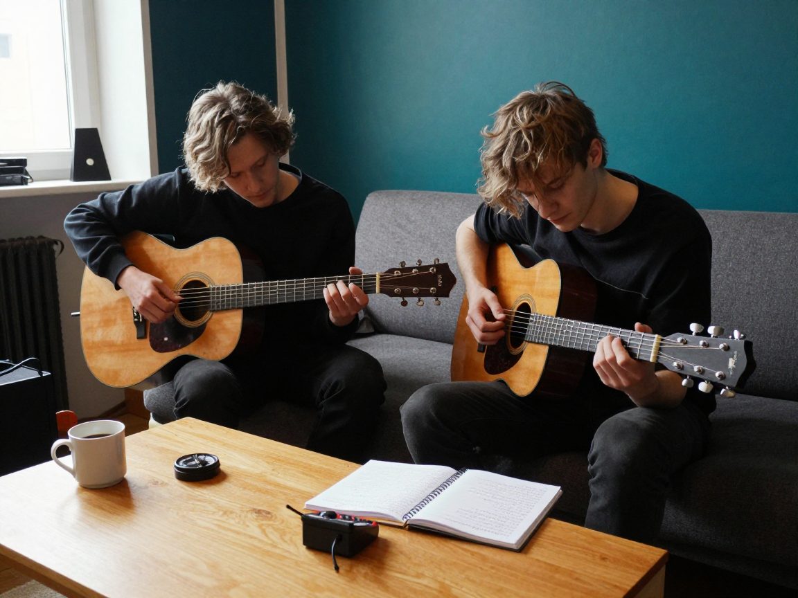 Two musicians tune a guitar and take notes while preparing for a recording session