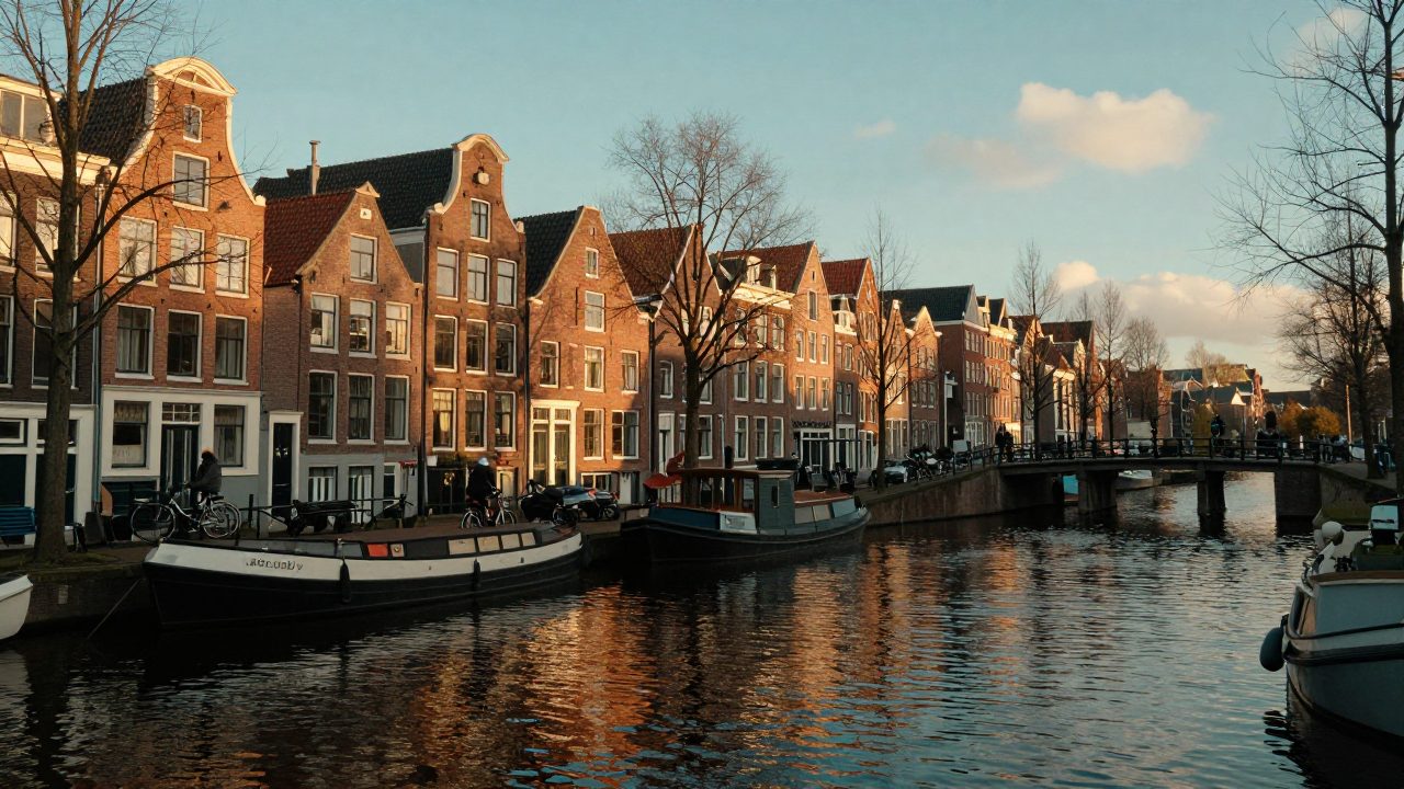 Canal on Amsterdam's eastern islands with warehouses, houseboats and cyclists on a bridge at sunset