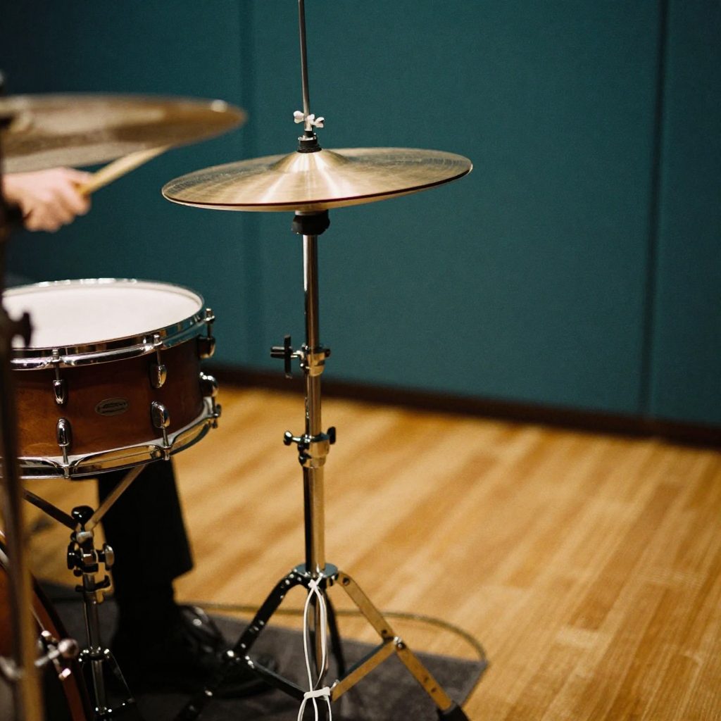 Close-up of a snare and hi-hat with two small microphones and a hand holding a stick