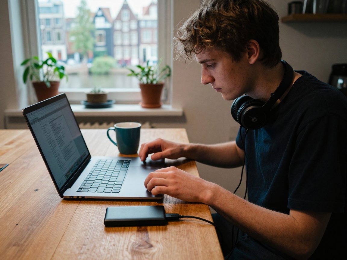 Young producer copies audio files from a laptop to an external drive at a kitchen table