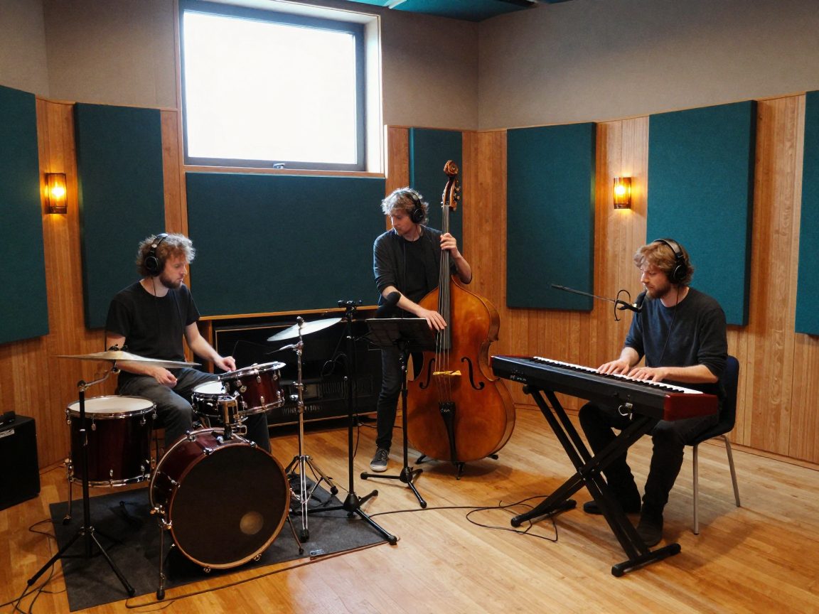 Viertallige band met koptelefoons speelt samen in een houten live room met microfoons
