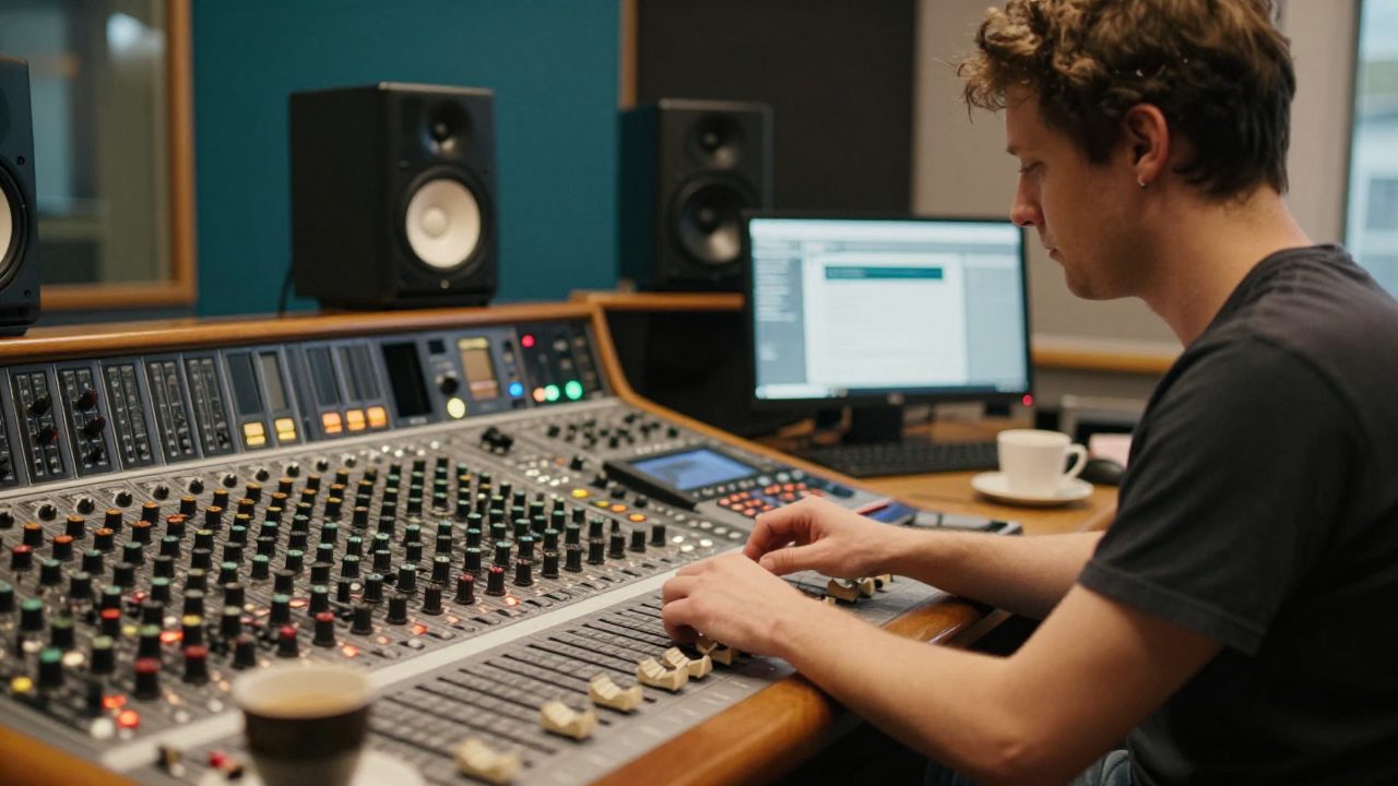 Mixtechnicus schuift faders op een analoge mengtafel tussen twee studiomonitors