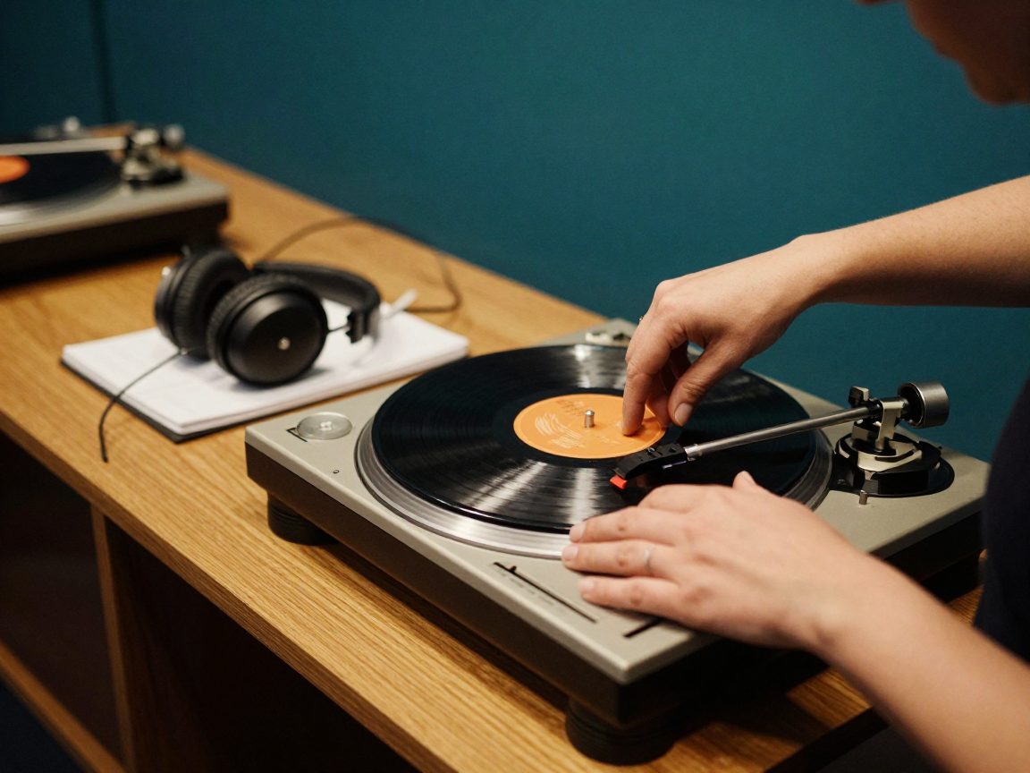 Hands lower a turntable needle onto a black vinyl test pressing