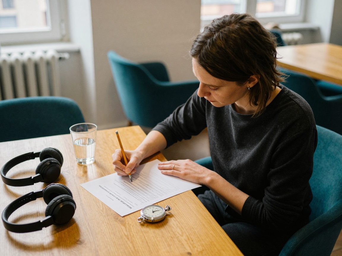 Woman marks a printed voice-over script with a pencil next to a stopwatch and water